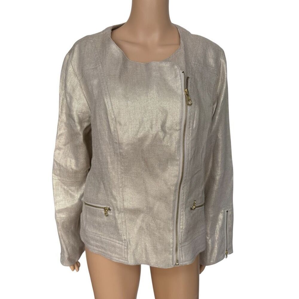Chico’s 100% linen gold Moto Jacket Metallic Full Zip size 2/L
